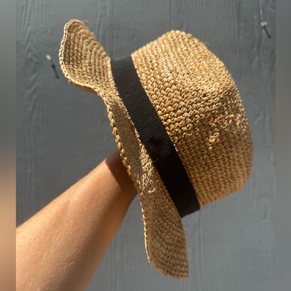 J Crew Packable Straw Raffia Hat with Black Ribbon Size M/L - Picture 1 of 9